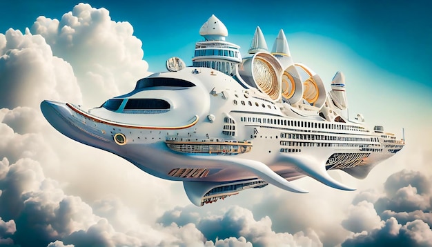 A model of a flying luxury cruise ship in the air Generative AIxA