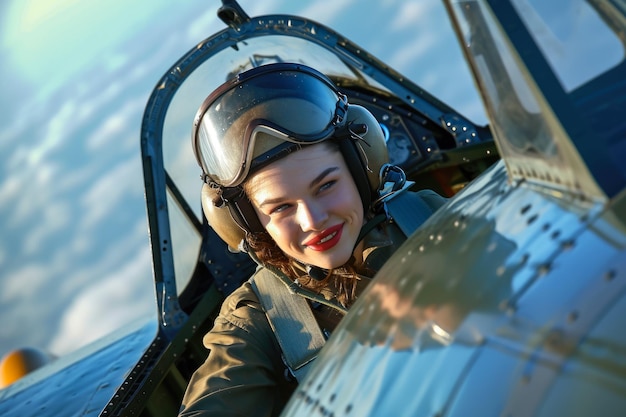 Photo model flying in a plane with a pilot suit and a helmet in a aviation experience