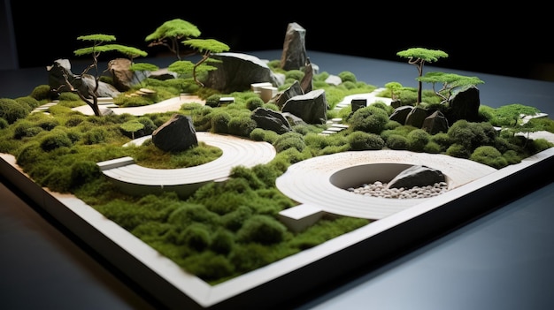 a model of a garden with a model of a bonsai tree.