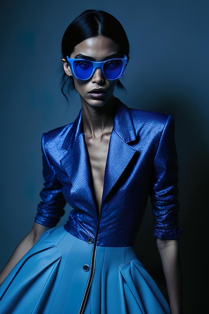 Foto model gekleed in stijlvolle blauwe kleren en blauw met zonnebril generative ai