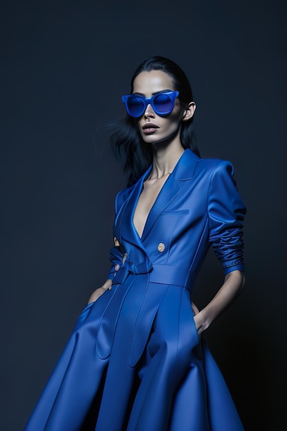 Foto model gekleed in stijlvolle blauwe kleren en blauw met zonnebril generative ai