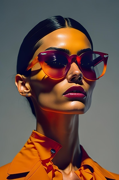 Foto model gekleed in stijlvolle paarse kleren en zonnebril generative ai