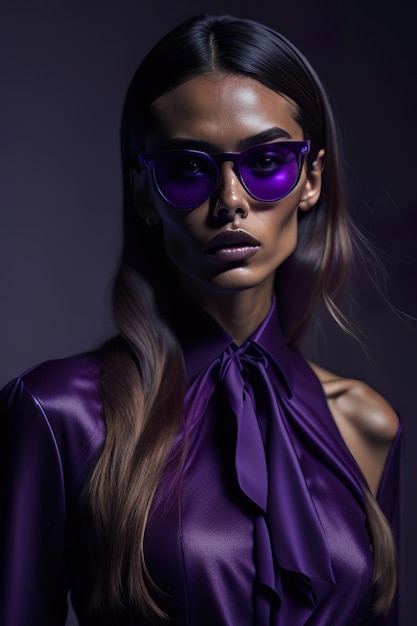 Model gekleed in stijlvolle paarse kleren en zonnebril Generative Ai