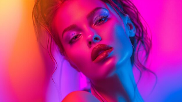 Model gezicht vrouw is dramatisch verlicht met neonlichten die levendige turquoise en roze tinten over haar kenmerken werpen