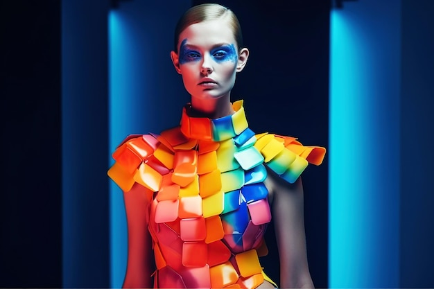 Девушка-модель идет по подиуму в ярком абстрактном наряде на показе модGenerative AI illustration Fashion Week