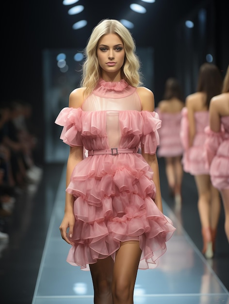 Photo model girl walks down the catwalk in a dress made of plastic