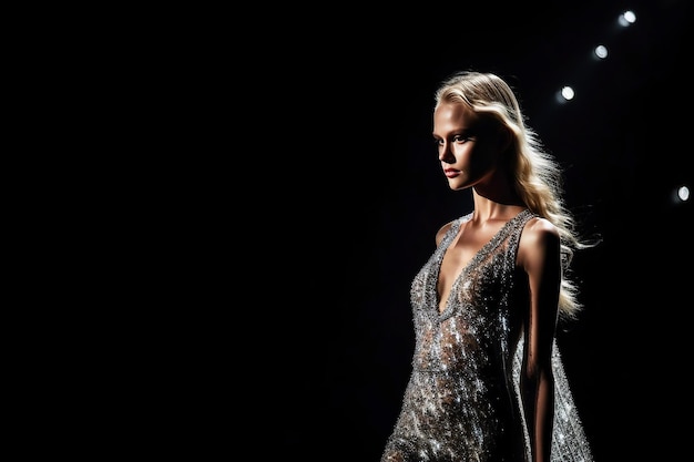 A model girl walks down the catwalk in an unusual transparent futuristic outfit at a fashion show of the futureGenerative AI illustration Fashion Week