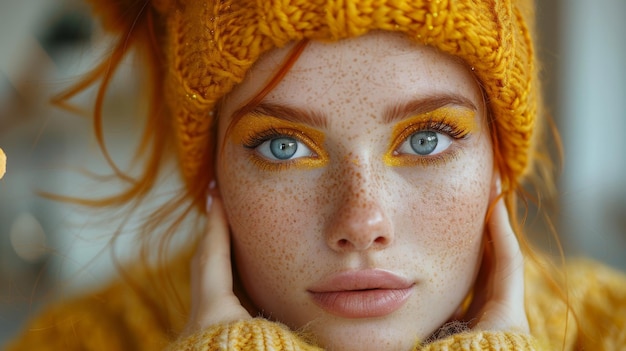 Model girl with freckles funny red hairstyle and yellow makeup Isolated on white background