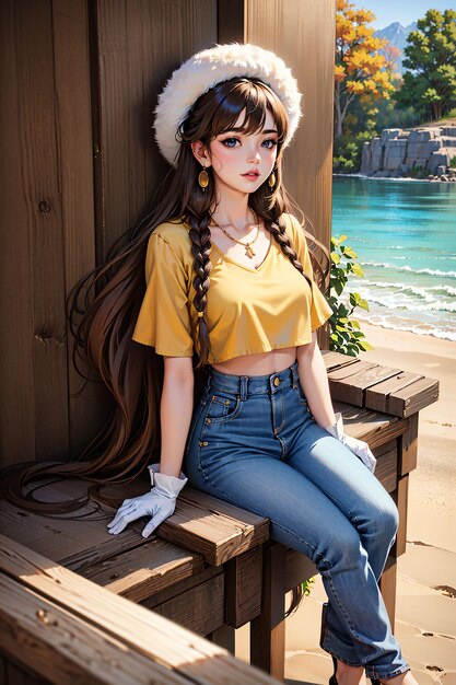 a model of a girl with long hair sits on a wooden platform