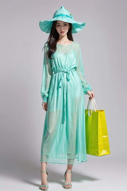 a model in a green dress with a shopping bag.