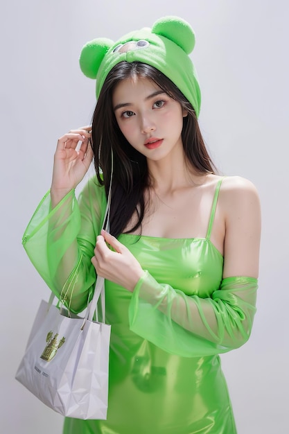 a model in a green hat with a white bag.