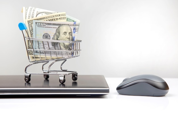 Model of a grocery cart with dollar money on the background of a laptop Online business sale Financial business success