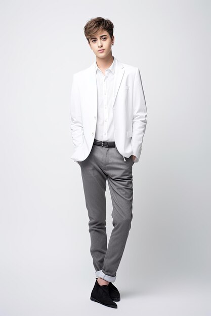 Model Handsome boy in business fashion clothes on white background