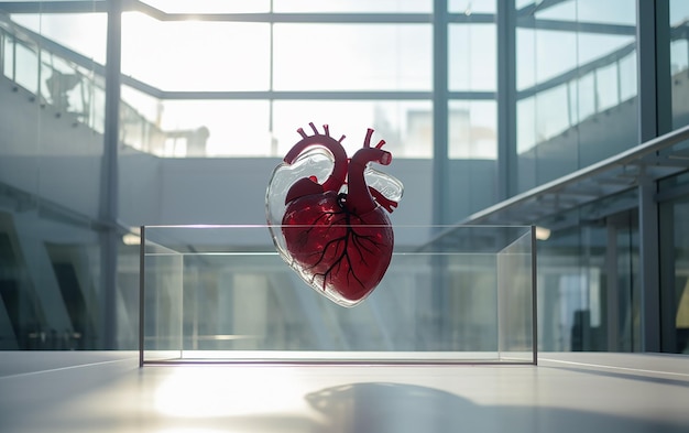 A model of a heart sits on a glass table in front of a window.