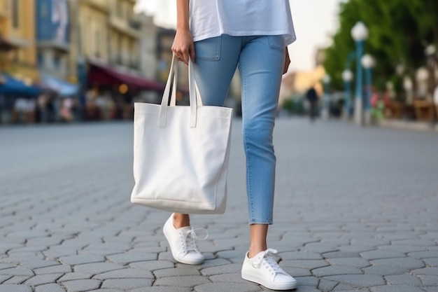 Model hold blank white fabric mockup bag for save environment on street fashion