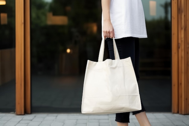モデルは、ストリート ファッションの環境を救うために空白の白い生地のモックアップ バッグを保持します。