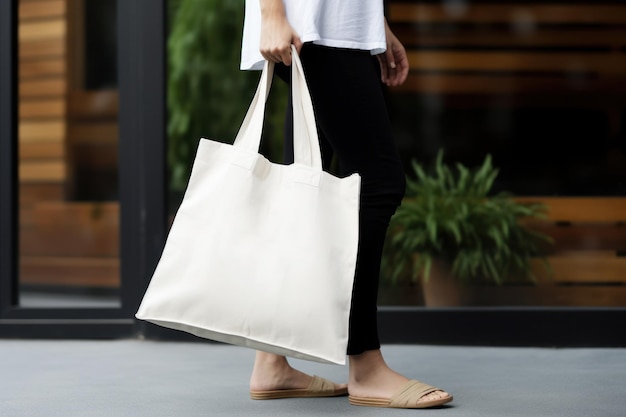 Photo model hold blank white fabric mockup bag for save environment on street fashion