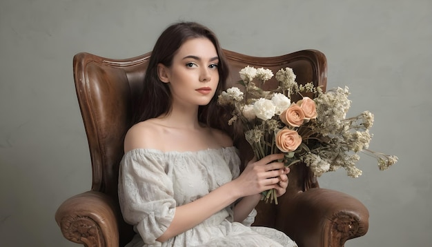 Model holding flowers sitting in vintage chair