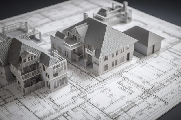 Model of house building standing on architectural project Generative AI