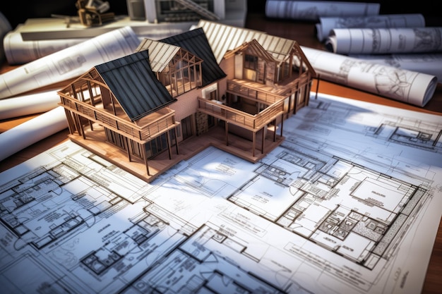 Photo model house under construction architect39s blueprints with 3d construction ai generated