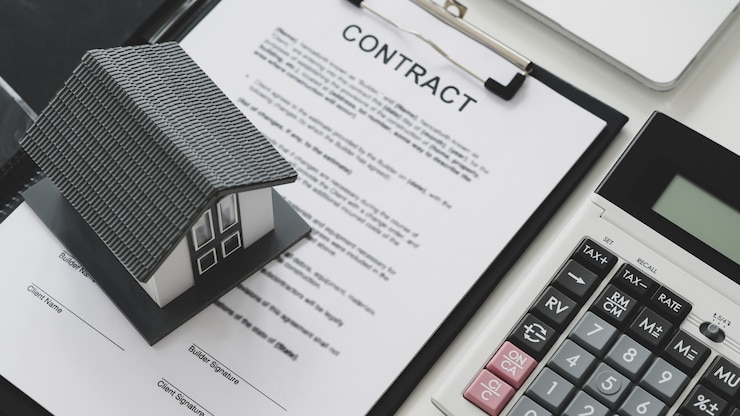 Model house put on contract documents with calculator and laptop. ,Contracting house construction concept,Top view shot.