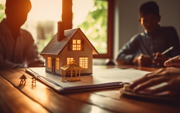 A model house sits on a table with a house on the screen