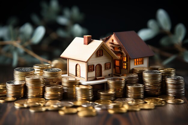 a model house sits on top of a pile of coins.