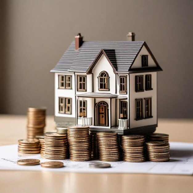 Photo a model house sits on top of a stack of coins