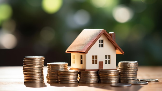 model of house and stack of coins on table