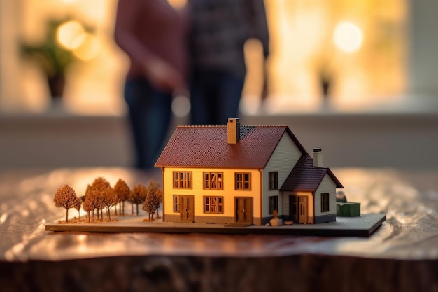 Model house standing on a table and people behind it dreaming of buying it Generative AI