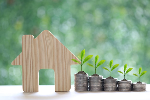 Model house and trees growing on stack of coins money on natural green background