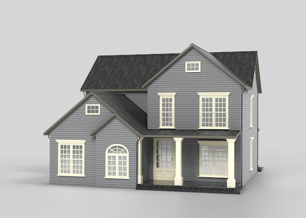 a model of a house with a black roof and a white front door