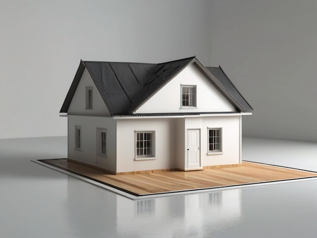 a model house with a black roof and a white house on the floor