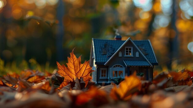 파란 지붕을 가진 모형 집이 잎에 앉아 있습니다.