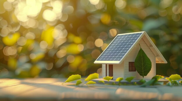 A model house with a green leaf on the roof is placed next to solar panels with a bright sunlit background symbolizing ecofriendly energy solutions for smart homes