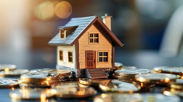 Photo a model house with a house on top of a pile of coins