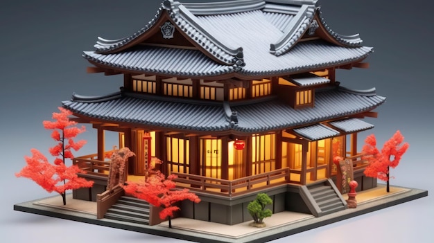 A model of a house with a japanese style roof