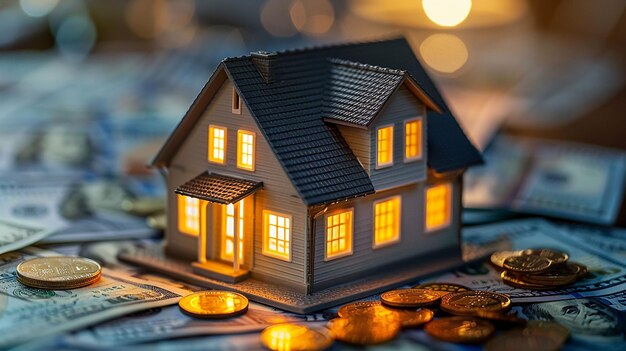 Photo a model house with a lot of coins on top of it