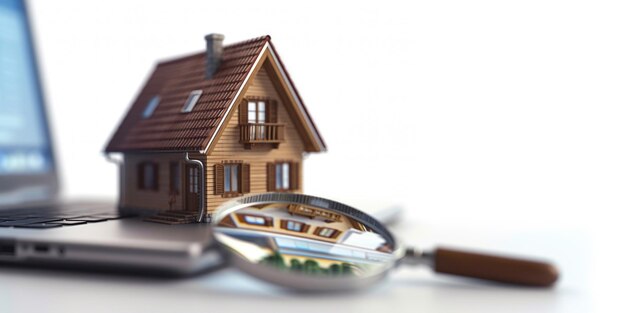 Photo model of a house with a magnifying glass on a white background with copy space