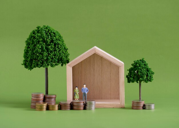 Model house with miniature people and coins on green background. Space for text