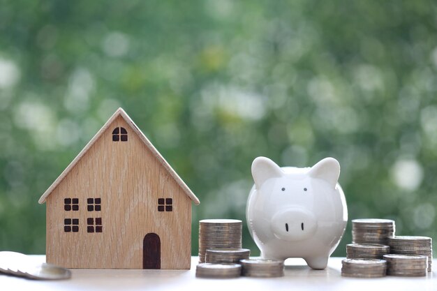 Photo model house with piggy bank on natural green background