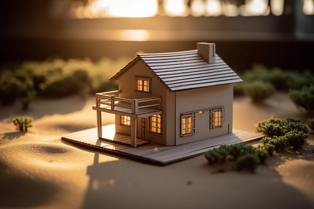 A model of a house with a porch and the sun shining through the window