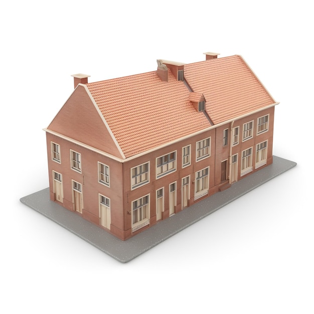 A model of a house with a red roof.