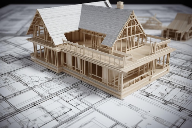 A model of a house with a roof that says'the house is on a blueprint '