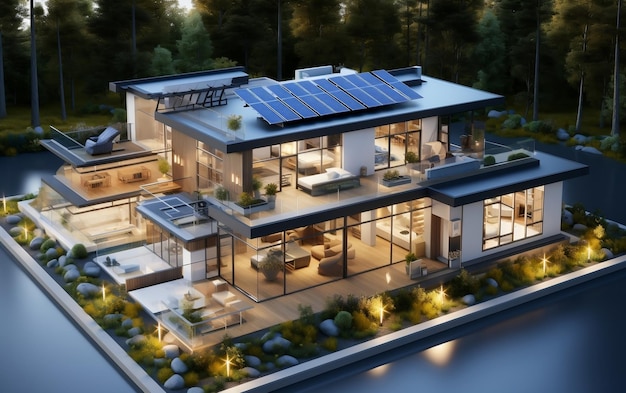 A model of a house with a solar panel on the roof AI