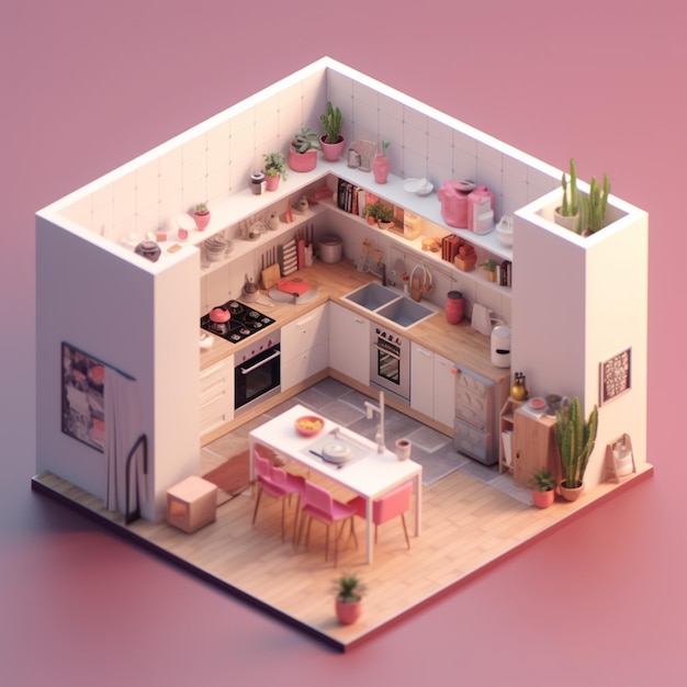 a model of a house with a table and a table with a pink tablecloth