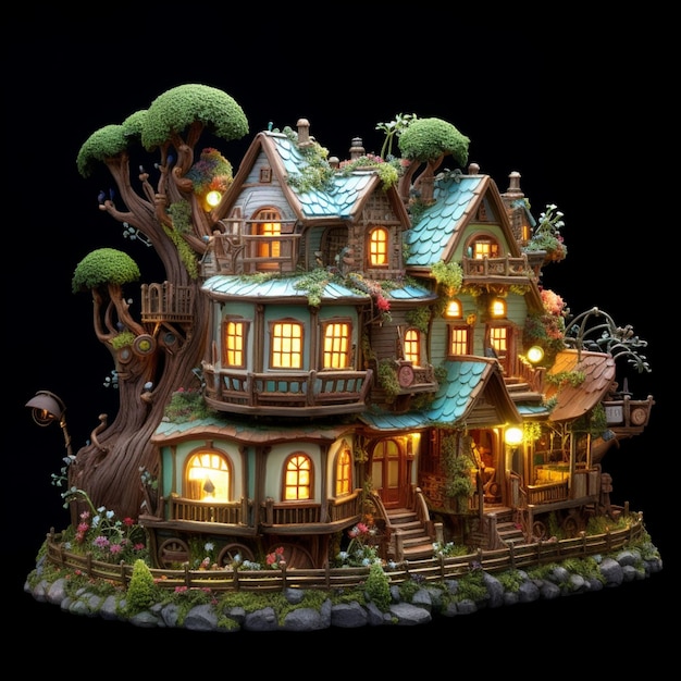 A model of a house with a tree on the front