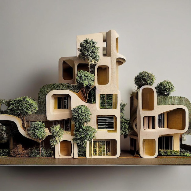 A model of a house with trees and a sign that says " the word " on it.