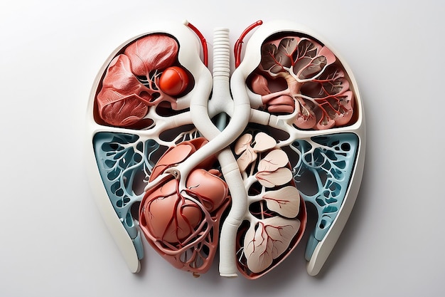 白い背景に隔離された肝臓臓肺と心臓を持つ人体モデル 剪定経路を保存