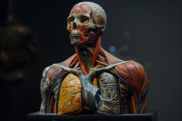 A model of the human body with muscles and blood vessels attached to